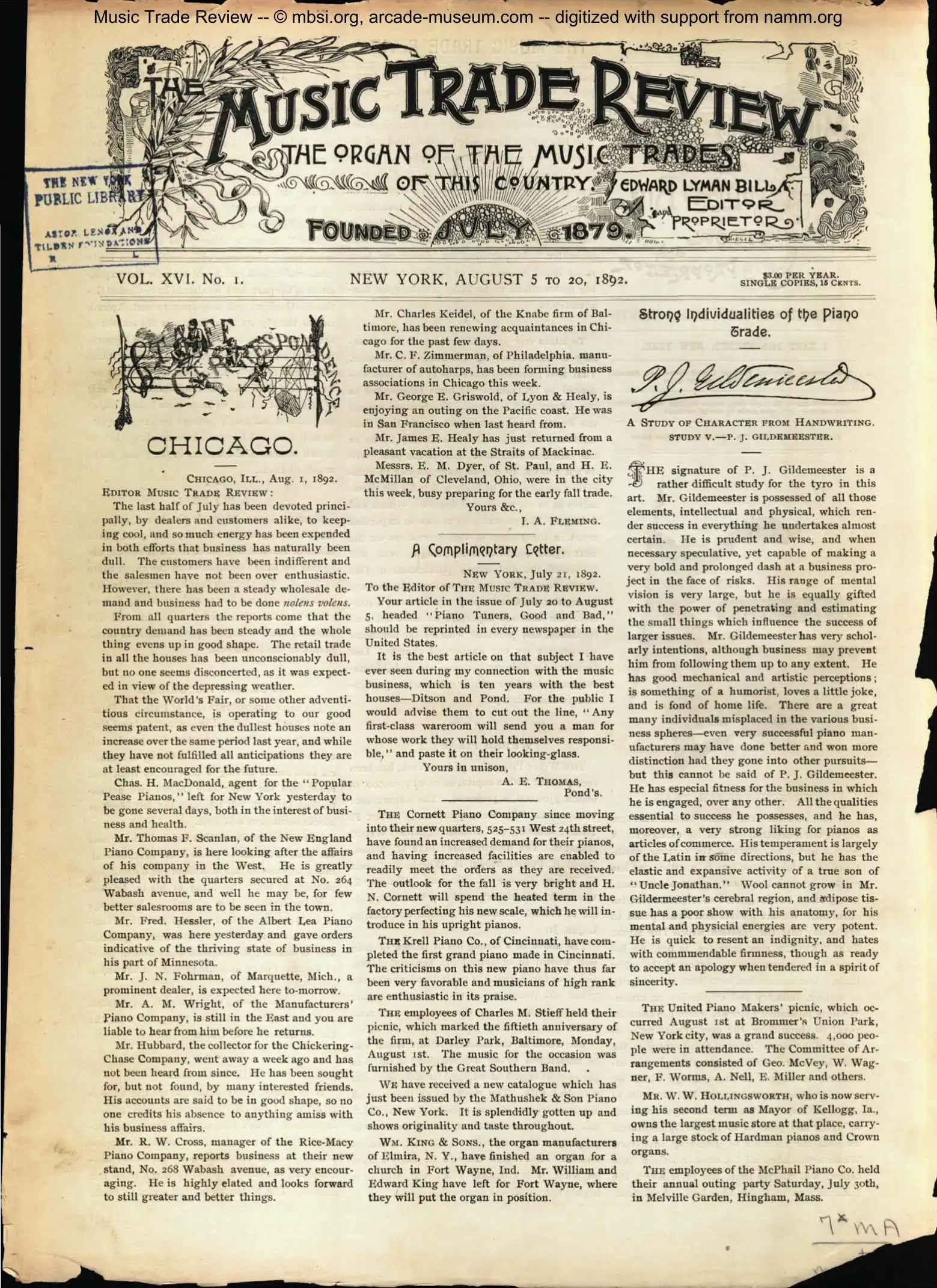 Music Trade Review cover from 1892: The Bill era