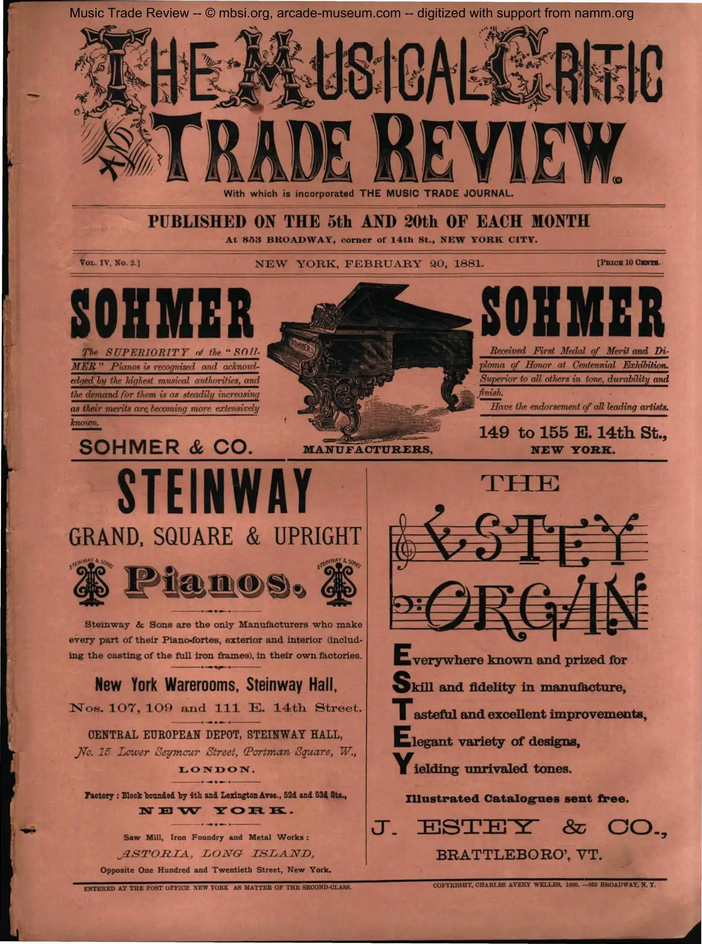 Feb. 20, 1881 cover of The Musical Critic and Trade Review, incorporating The Music Trade Journal