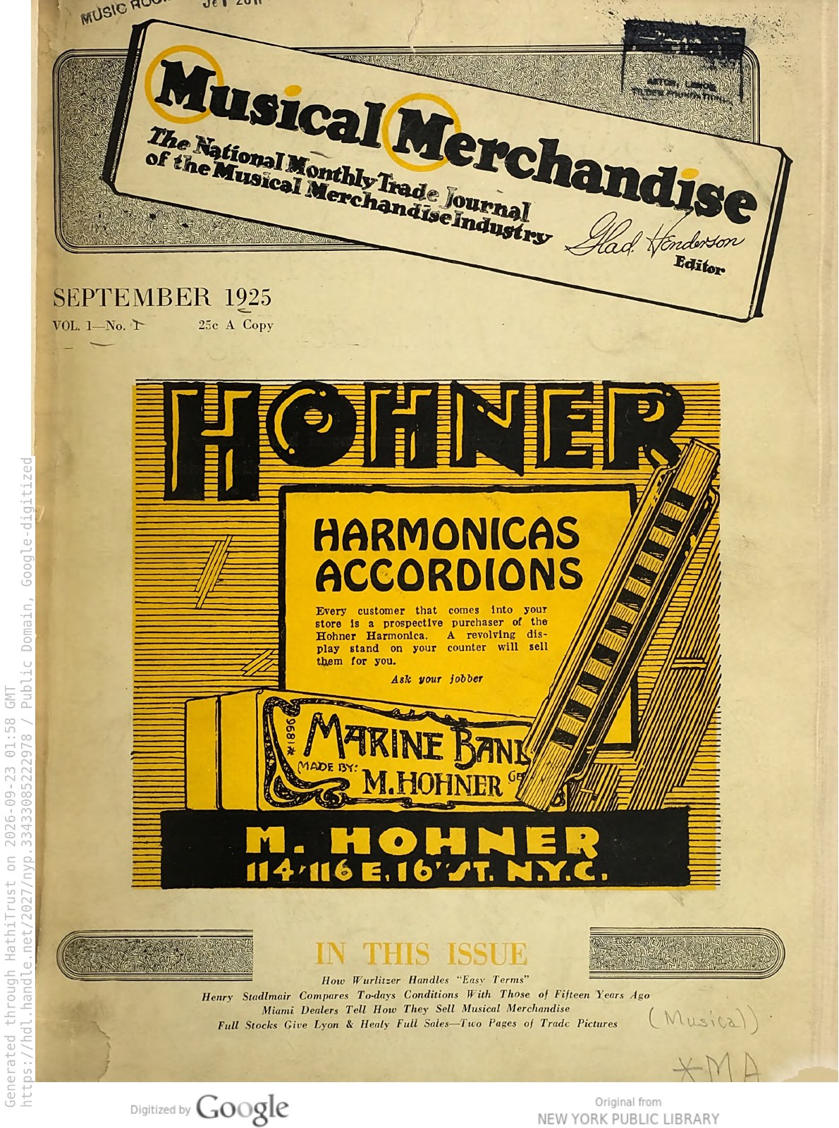 First issue of Musical Merchandise, September 1925, naming Glad Henderson as editor and featuring a Hohner harmonicas and accordions advertisement