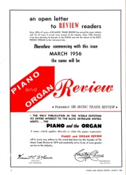 Open letter announcing that Music Trade Review becomes Piano and Organ Review with the March 1956 issue